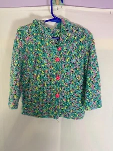 Kids Handmade Crochet Multi-Color Button Up Sweater with Hood Size Toddler 2T-3T - Picture 1 of 5