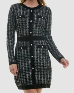 BCX Womens Black Round-Neck Long-Sleeve Tweed Sweater Dress Juniors Size M - Picture 1 of 3