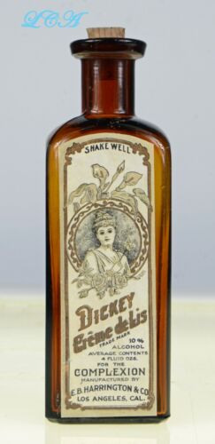 Antique DICKEY CHEMIST S.F. bottle LOS ANGELES w/copied label of Victorian GIRL