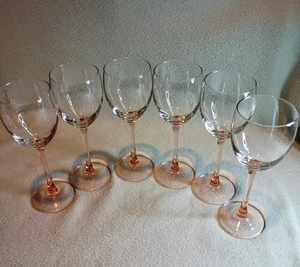 Set of 6 Luminarc Arcoroc Pink Peach Stem 6 oz Wine Glasses Goblets 8” France - Picture 1 of 12