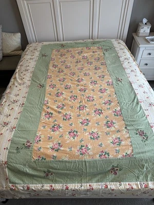 April Cornell Floral Tablecloth Crocheted Trim Yellow Striped Border 57” X 94” - Image 1 of 4