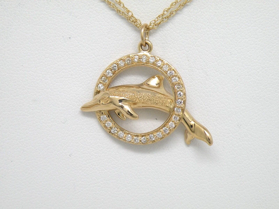 Auténtico colgante Kabana oro amarillo 14k, delfín en círculo de diamantes NUEVO Foto 1 de 4