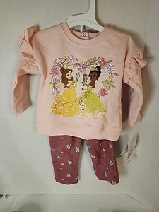 Disney Baby Girl 2-Piece Princess Belle Tiana Pink Sweatshirt Floral Pants 6-9 M - Picture 1 of 6