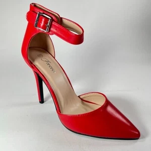 Forever Red Smooth Shiny Leather 4 inch Heels Pointed Toe Ankle Strap Siz 8.5 - Picture 1 of 5