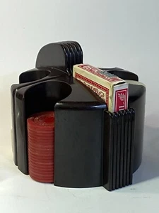 Soporte de fichas de póker de baquelita Art Deco vintage con fichas y tarjetas - Imagen 1 de 10