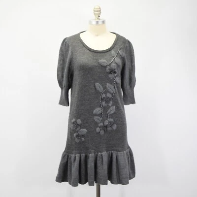 By Malene Birger Dress S Gray Wool Sweater Knit Embroidered Rosette Shift - Image 1 of 4