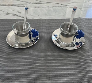 Inoxpran 18/10 Pyrex 2 Demitasse 3Piece Sets Cups Saucers Spoons Blue Bows Italy - Picture 1 of 13