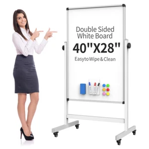 40x28 Inches Mobile Whiteboard, Double Sided Magnetic Dry Erase Board Height Adj - Picture 1 of 6