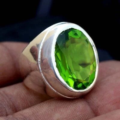 Solid 925 Sterling Silver AA Green Peridot Zircon Cut Gemstone Men's Ring - Image 1 of 4