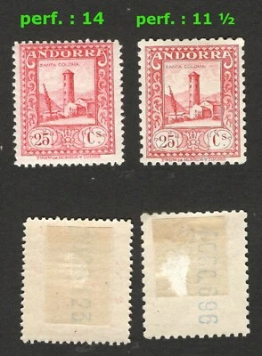 SPANISH ANDORRA - SPAIN - 2 MH  STAMPS, 25c - DIFERENT PERFORATION - LOOK -1929. - Image 1 of 3