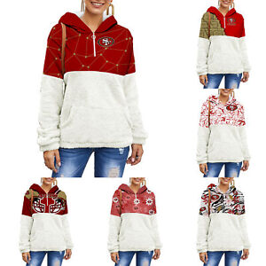 San Francisco 49ers Womens Sherpa Fleece Hoodie Warm Patchwork Sweatshirt Gift