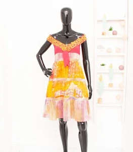 SAVE THE QUEEN Dress Pleated Bow Neck Naked Shoulders Colorful Abstract Print M - Picture 1 of 12