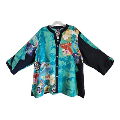 CITRON SANTA MONICA Women's Plus 1X Silk Tunic Blouse Mixed Floral Button Up 48" - Image 1 of 4