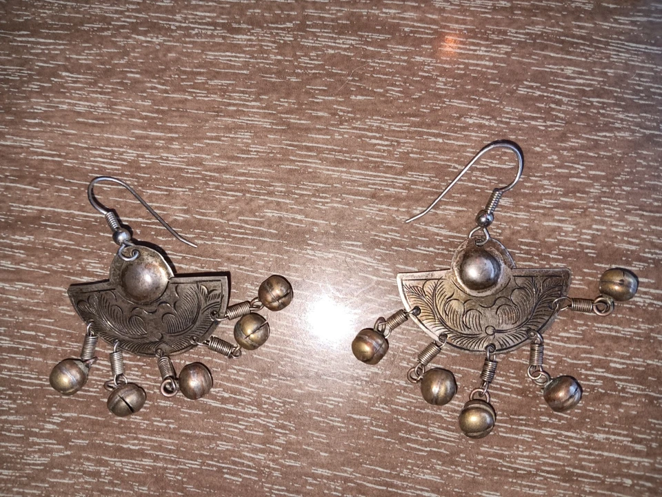 Винтажный красивый ремесленник вентилятор серебряные серьги колокола инкрустация этнический музыкальный племенной - Изображение 1 из 2