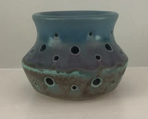 Ceramic Votive Candle Holder Luminary Glazed Blue Purple Holes Art Pottery - Picture 1 of 5