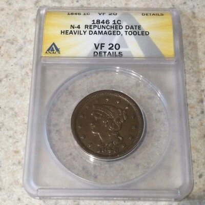 1846 LARGE CENT N-4 REPUNCHED DATE ANACS VF 20 Details - Image 1 of 2