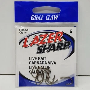 Eagle Claw Lazer Sharp L118G Live Bait Fishing Hooks Size 6 10 Pack - Picture 1 of 3