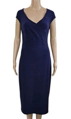 BRAVISSIMO NWT Navy Blue Lois Ribbed Cap Sleeve V Neck Midi Sheath Dress 10 - Image 1 of 4