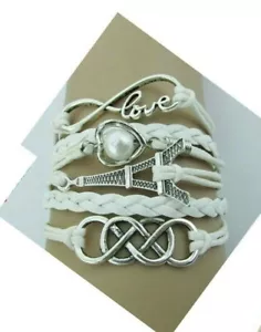 BRACELET LEATHER EIFFEL TOWER LOVE WHITE ADJUSTABLE UNISEX 🇦🇺 AUSTRALIAN STOCK - Picture 1 of 2