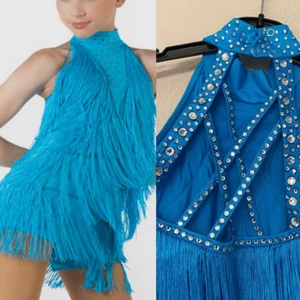 Weissman Dance costume aqua blue sassy fringe dress Spice Up Your Life 14130 MC - Picture 1 of 13
