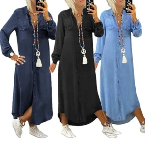 Long Sleeve Jeans Maxi Dresses Plus Size Womens Denim Shirt Dress 2025 - Picture 1 of 11