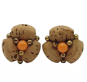 Hand Perlen Kork Perlen Oval Cluster Orange Mitte 50er Jahre Clip On Stil Ohrringe - Bild 1 von 14