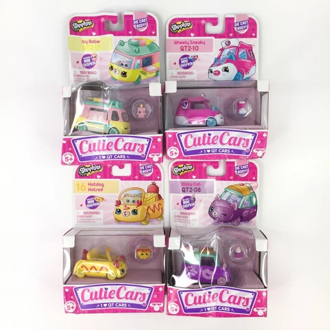 Lot of 4 Shopkins Cutie Car Icy Roller Wheely Sneaky Kissy Cab Hotdog Hotrod NEW Cover