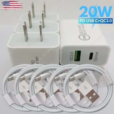 Lote QC 3.0 Cargador de Pared Rápido 20W PD Adaptador de Corriente Cable USB para iPhone 14 13 8 6 Foto 1 de 4