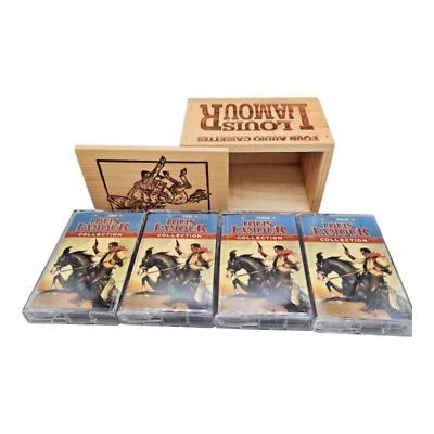 Louis L'Amour 4 Audio Cassettes Carved Wooden Box '97-02 Willie Nelson Cowboys - Image 1 of 4