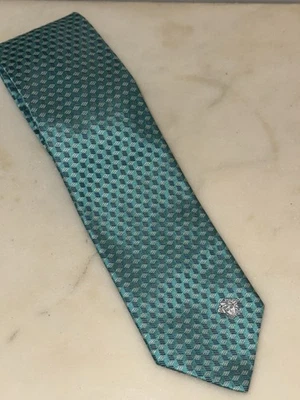 Gravata masculina VERSACE 100% seda feita na Itália azul verde padrão geométrico quadrado - Imagem 1 de 4