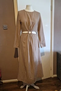 Zara sand brown cut out buckle ruched long sleeve midi dress - M - Picture 1 of 10