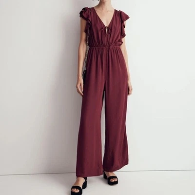 MADEWELL Jacquard Deep-V Burgundy Ruffled Jumpsuit Size Medium - Image 1 of 3