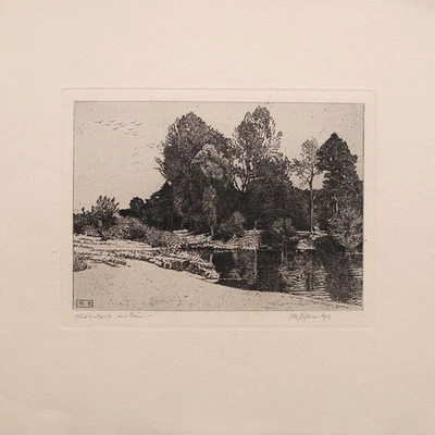 Max von Scherer Fluss Landschaft mit Bäumen Radierung 1918 signiert Monogramm - Bild 1 von 4