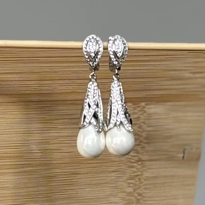 Stauer Art Deco Pearl Drop Earrings 925 Sterling Silver Crystal Pave Teardrop - Image 1 of 4