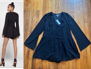 NWT BCBG Generation Long Flare Sleeve Lace-Up Romper Black LARGE SHIPS FREE - Picture 1 of 8
