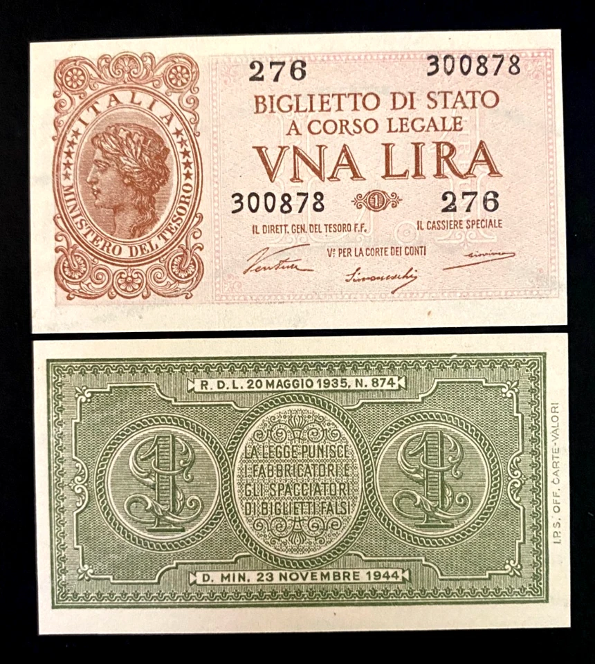 Italy 1 Lira 1944 VNA LIRA Banknote UNC – Crisp Uncirculated Note - Image 1 of 1