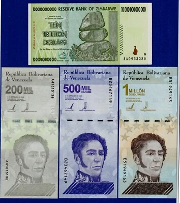 ZIM 10 TRILLION (2008) VF/EF + VENEZUELA 3 NOTE (200K, 500K & 1M UNC) COMBO  - Image 1 of 2
