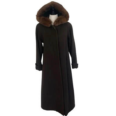 Abrigo largo vintage informal de esquina con capucha talla 4 100 % lana 100 % piel de conejo ribete marrón Foto 1 de 4
