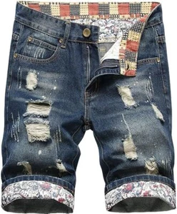 Men's Distressed Denim Shorts Slim Ripped Moto Biker Style Casual Summer Wear - Picture 1 of 18