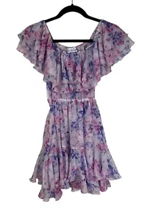 Cari Capri Floral Print Barbados Mini Dress Size XS Ruffle Purple Off Shoulder - Picture 1 of 9