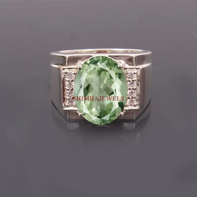 Verde Naturale Ametista Gemma Con 18k Bianco Argento Placcato Oro Uomo Anello # - Immagine 1 di 4