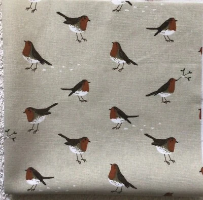 Sophie Allport Robin Bird on Neutral Winter Cotton Duck Fabric New Assorted Size - Image 1 of 4
