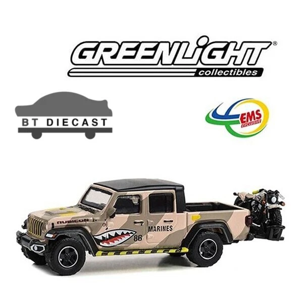 2020 JEEP GLADIATOR RUBICON PICKUP "SHARK" W/MOTORCYCLE 1/64 BY GREENLIGHT 51525