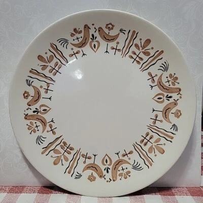 1969 Homer Laughlin Platter cake plate love birds chicken 10.25" round brown USA - Image 1 of 4