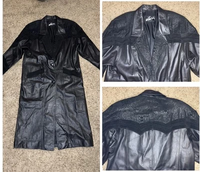 WINLIT Vintage Black Paisley Leather Trench Coat Jacket Long Line Duster Goth L - Image 1 of 4