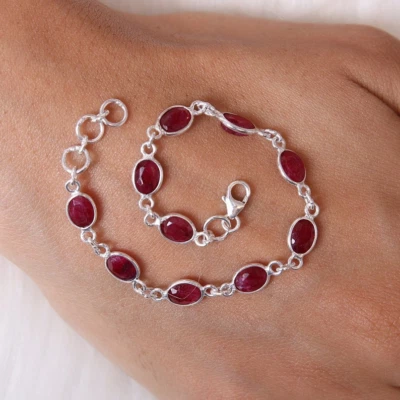 glass filled ruby Gemstone Bracelet 10 pcs Adjustable Bracelet in Silver - Image 1 of 4