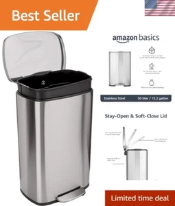 50 Liter Rectangular Trash Can with Soft-Close Pedal - Stainless Steel Elegance - Picture 1 of 8