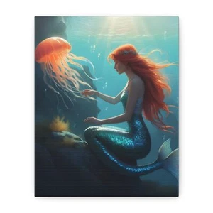 Enchanted Mermaid & Glowing Jellyfish Canvas Wall Art - Underwater Dreamscape - Picture 1 of 8