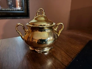 Vintage Bavaria Germany #51 Gold Overlay Porcelain Sugar Bowl & Lid - Picture 1 of 5