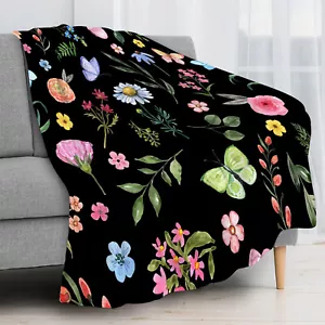 Blue Butterfly Plant Pink Floral Black Throw Blanket for Couch Bed Sofa Office - Picture 1 of 6
